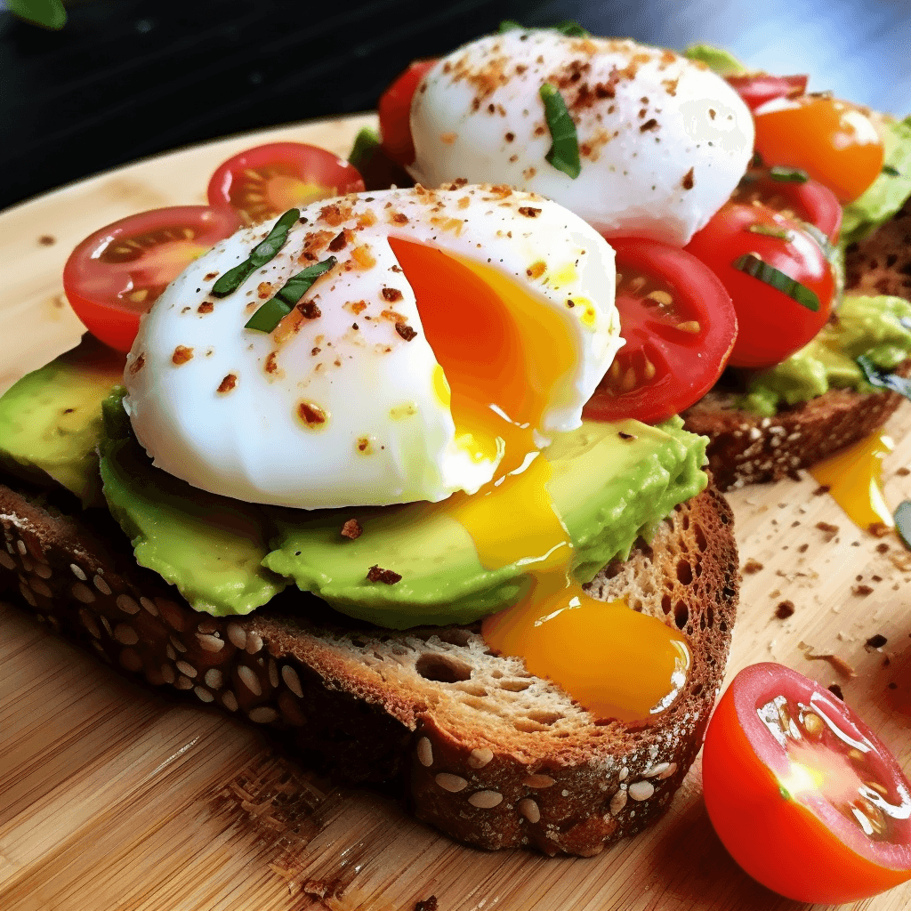 Avocado Toast With Poached Eggs And Grilled Tomatoes